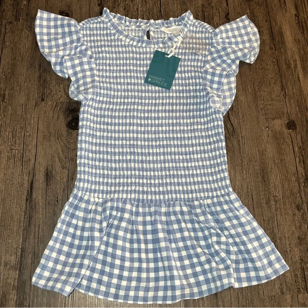 NWT Market & Spruce Light Blue & White Gingham Short Sleeve Smocked Blouse Small - Picture 3 of 12